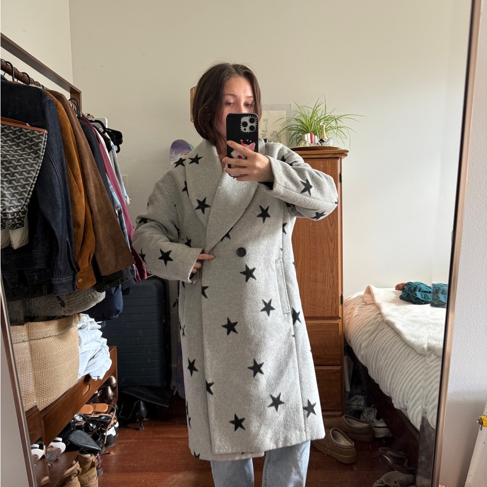 Avec Les Filles Gray Star Print Double-Breasted Cardigan Coat